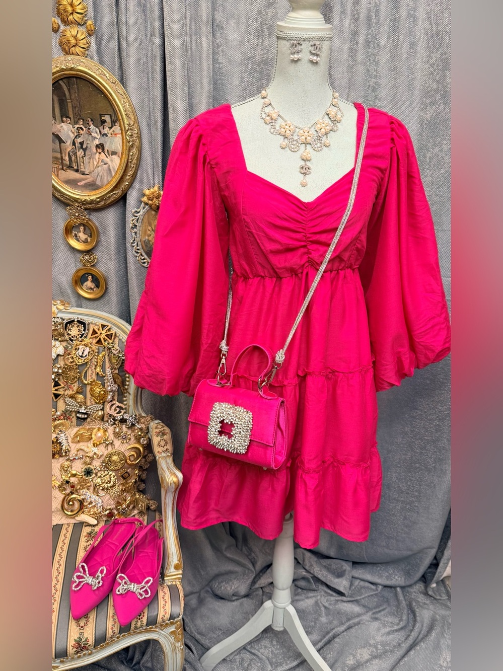 Women's Fuchsia Puff-Sleeve Tiered Dress - Picture 5 of 8